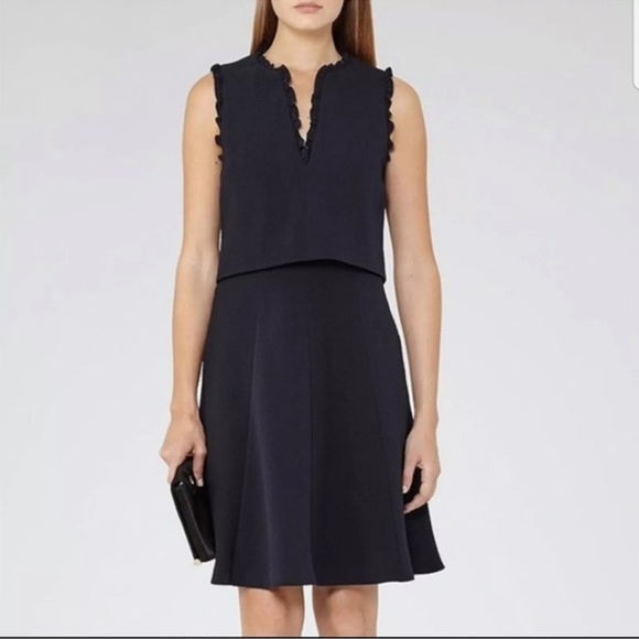 Reiss Braida Frill Sleeve Dress Night Blue Size UK 6 US 2